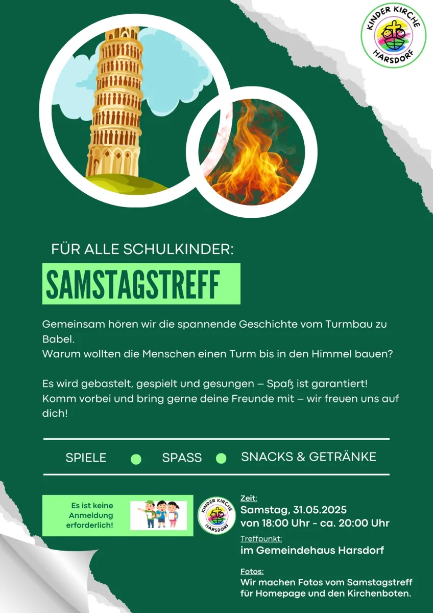 Einladungsplakat für Kindergartenkinder zum Samstagstreff am 31.05.2025
