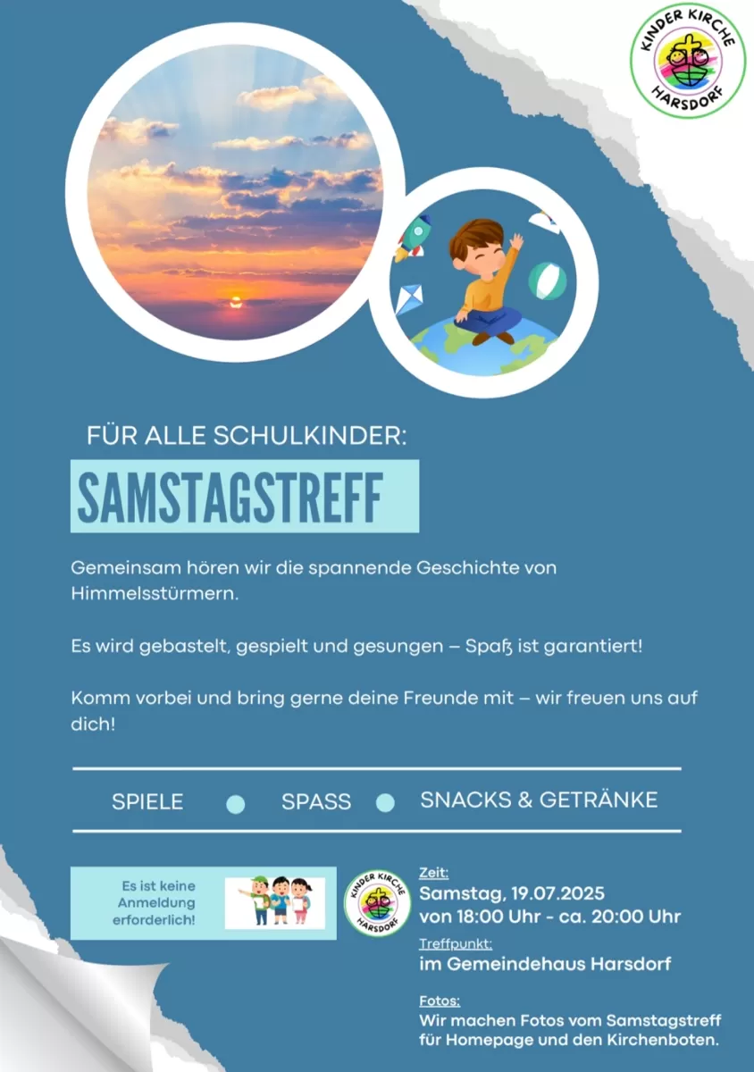 Einladungsplakat für Schulkinder zum Samstagstreff am 19.07.2025