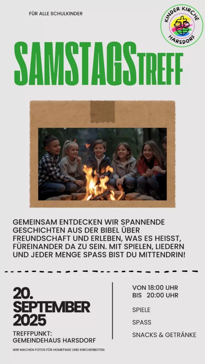 Einladungsplakat für Schulkinder zum Samstagstreff am 20.09.2025