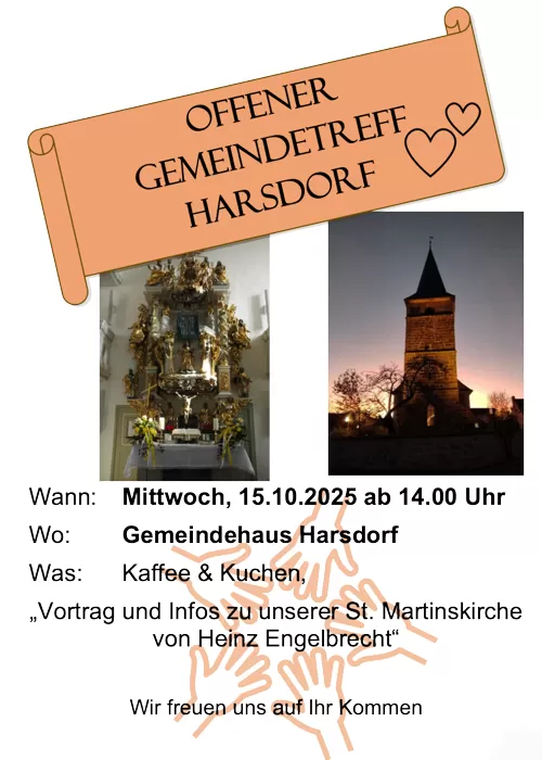 Einladung zum Gemeindetreff am 15.10.2025 ab 14:00 Uhr im Gemeindehaus Harsdorf