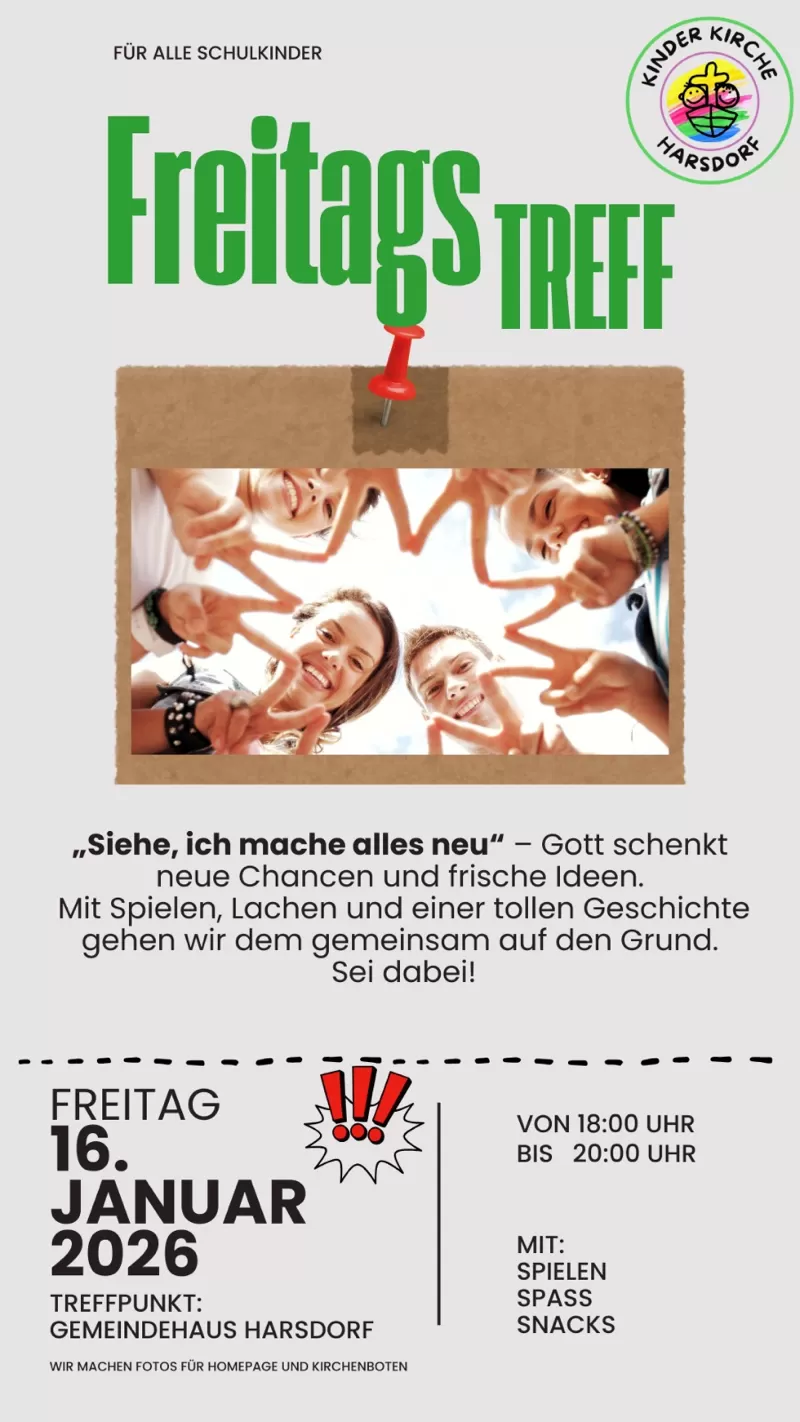Einladungsplakat für Schulkinder zum Samstagstreff dieses Mal am Freitag 16.01.2026