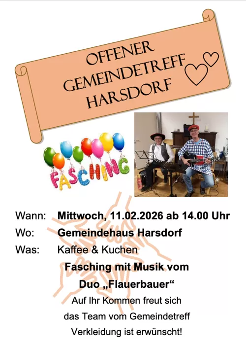 Einladung zum Gemeindetreff am 11.02.2026 ab 14:00 Uhr im Gemeindehaus Harsdorf