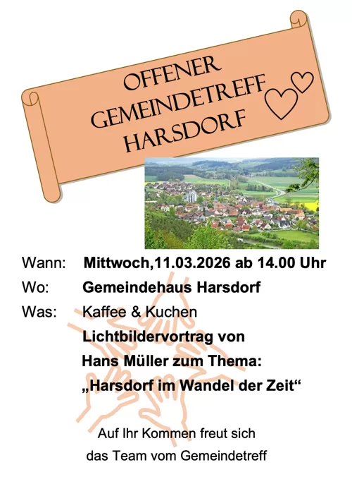 Einladung zum Gemeindetreff am 11.03.2026 ab 14:00 Uhr im Gemeindehaus Harsdorf