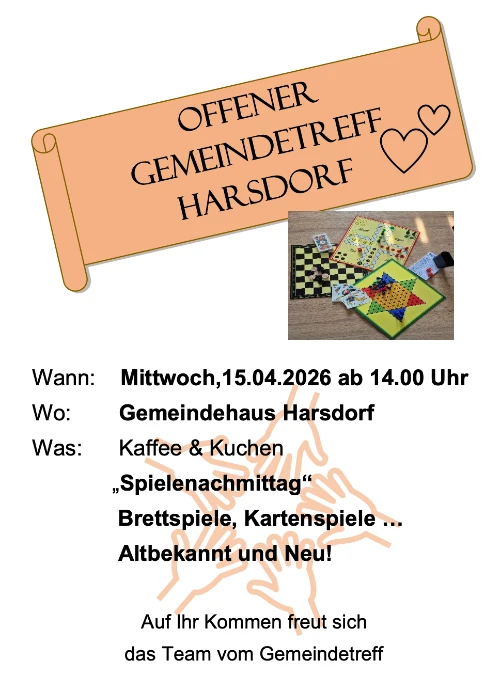 Einladung zum Gemeindetreff am 15.04.2026 ab 14:00 Uhr im Gemeindehaus Harsdorf