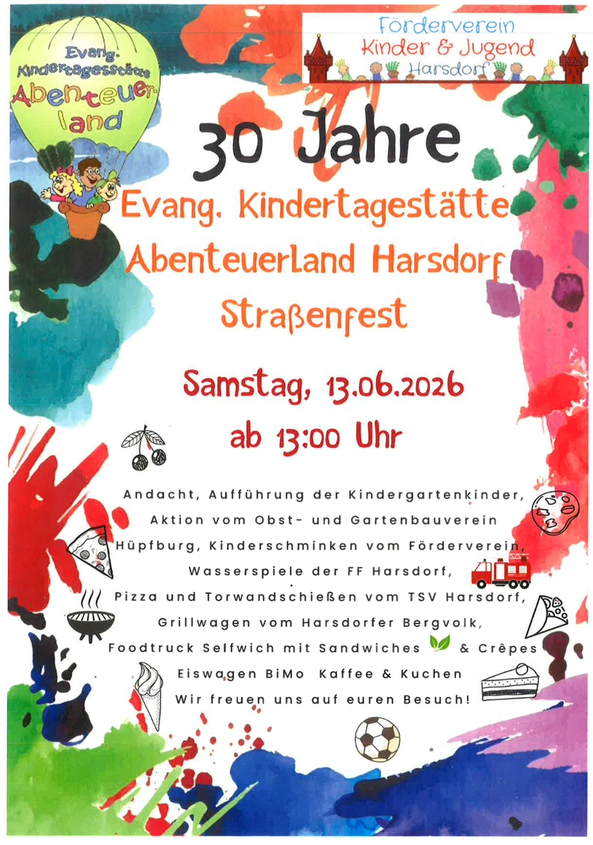 Einladung zum Straßenfest anlässlich 30 Jahre evang. Kita Harsdorf am 13.06.2026 ab 13:00 Uhr