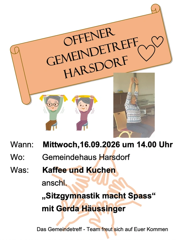Einladung zum Gemeindetreff am 16.09.2026 ab 14:00 Uhr im Gemeindehaus Harsdorf