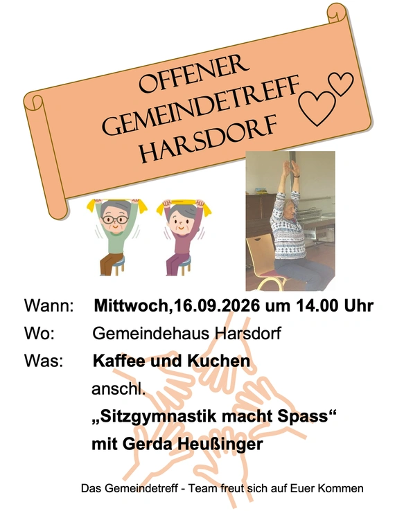 Einladung zum Gemeindetreff am 16.09.2026 ab 14:00 Uhr im Gemeindehaus Harsdorf