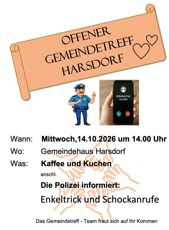 Einladung zum Gemeindetreff am 14.10.2026 ab 14:00 Uhr im Gemeindehaus Harsdorf
