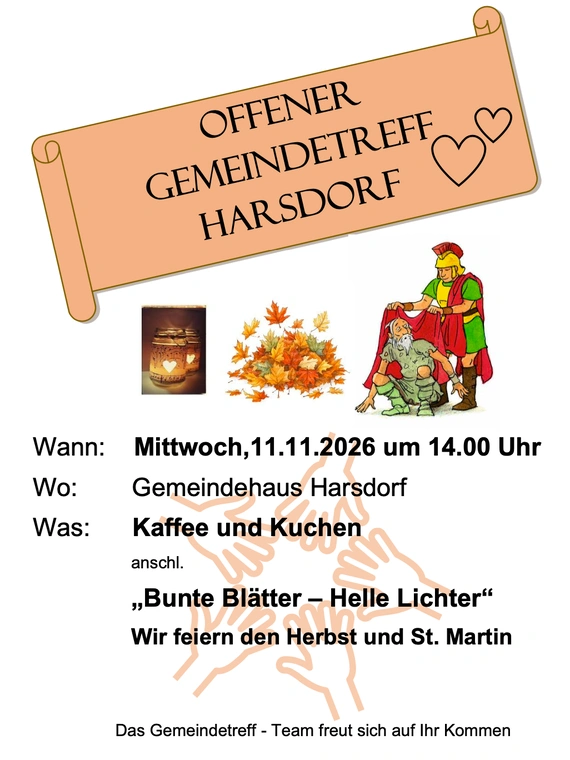 Einladung zum Gemeindetreff am 11.11.2026 ab 14:00 Uhr im Gemeindehaus Harsdorf